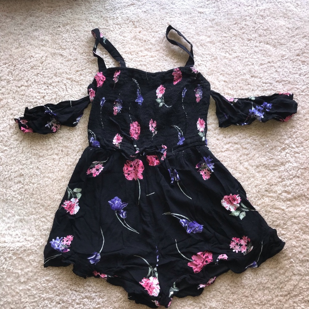 Black flower romper off shoulder straps